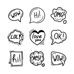 Set of hand drawn speech bubbles, clouds and balloons with some text. Social web internet icons, symbols, logos, banners