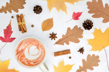 Cocoa latte heart shape design, spices, autumn leaves, pine cones on white concrete background. Recipe, hot beverage concept. Top view, flat lay, copy space, mock up, layout design