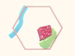 pink green blue abstract shape gold frame 3d render