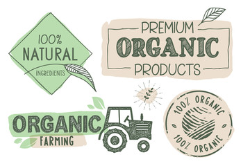 Organic food, farm fresh and natural products labels and stickers collection. Vector illustration for food market, e-commerce, restaurant, healthy life and premium quality food and drink promotion. © PureSolution