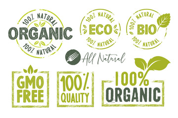 Organic food, farm fresh and natural products stickers and badges collection. Vector illustration for food market, e-commerce, restaurant, healthy life and premium quality food and drink promotion.