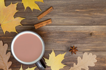 Naklejka na ściany i meble Cocoa in brown cup, frame from spices, autumn leaves on wooden background. Recipe, hot beverage concept. Top view, flat lay, copy space, mock up, layout design