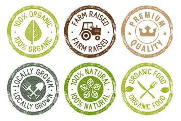 Organic food, farm fresh and natural products stickers collection. Vector illustration for food market, e-commerce, restaurant, healthy life and premium quality food and drink promotion.