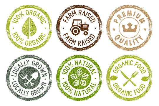 Organic food, farm fresh and natural products stickers collection. Vector illustration for food market, e-commerce, restaurant, healthy life and premium quality food and drink promotion.