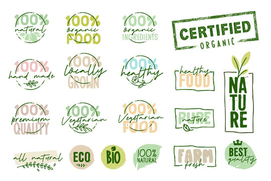 Organic food, farm fresh and natural products signs collection. Vector illustration for food market, e-commerce, restaurant, healthy life and premium quality food and drink promotion.