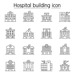 Hospital building, Medical center icon set in thin line style