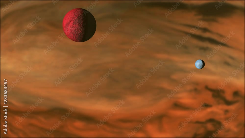 Wall mural two moons orbiting a large gas planet with lightning and swirling clouds concept