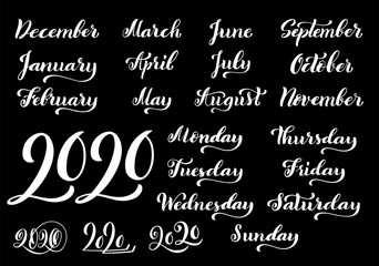 Big vector handdrawn calligraphic monthly set with months, year 2020 and days of week. Vector