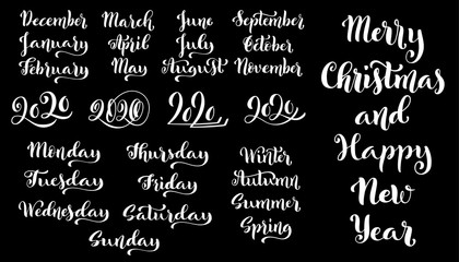 Big vector handdrawn calligraphic monthly set with months, year 2020,seasons and days of week. Vector