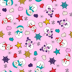 Fototapeta premium Christmas seamless pattern with snowman, fir trees and snowflakes. Perfect for wallpaper, wrapping paper, pattern fills, winter greetings, web page background