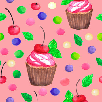pattern of watercolor colored dots cupcake with cherry