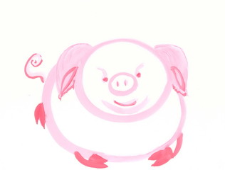 Gouache drawing: A round, pink pig.