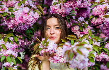 Naklejka premium Enjoying springtime. woman in spring flower bloom. blossom smell, allergy. skincare and spa. Natural cosmetics for skin. girl in cherry flower. Sakura tree blooming. natural summer beauty