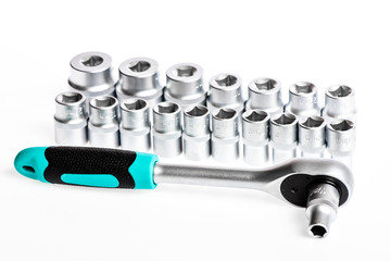 multi purpose tool kit. Chrome Vanadium Steel. metallized fix equipment. socket wrench isolated on...