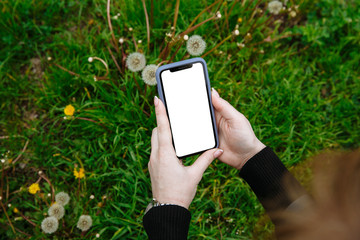 girl holds a phone in her hands and takes pictures