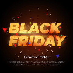 Black Friday Sale label. Discount and promotion banner. 3d inscription with highlights and sparks of gold color. Design element for sale banners, posters, cards. Vector Illustration