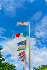 Naklejka premium Flag of Japan and many countries, clear and beautiful sky