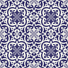Spanish tile pattern vector seamless with vintage ornaments. Portugal azulejo, mexican talavera, delft dutch ceramic, italian sicily majolica or moroccan motifs. Texture for kitchen or bathroom wall.