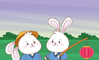 Fototapeta premium Rabbits in mid autumn festival cartoons
