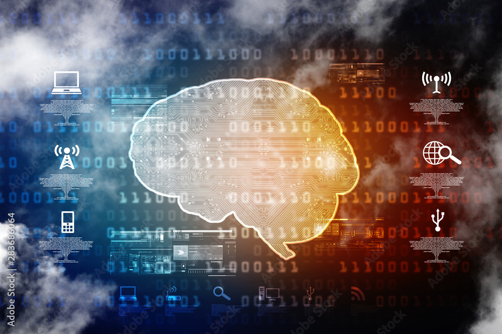 Poster 2d illustration concept of thinking, background with brain, abstract artificial intelligence. techno