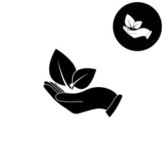 hand holds leaves  - white vector icon