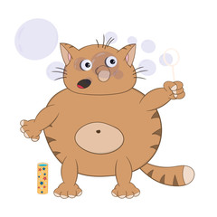 Funny cartoon ginger cat blows soap bubbles. Isolated on a white background.