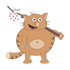 funny cartoon fat red cat holds on his shoulder a bag on a stick for travel.