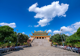Architecture presbytery temple Dai Tong Lam afternoon sunshine, which attracts tourists to visit spiritually and relax soul on weekends in Vung Tau, Vietnam