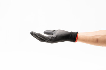 Man hand with black rubber glove on white background