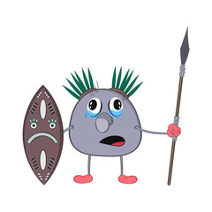 funny cartoon Puk stands with a spear and shield and cries.