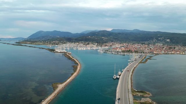 Bridge Road to Lefkada island at sunset, Greece