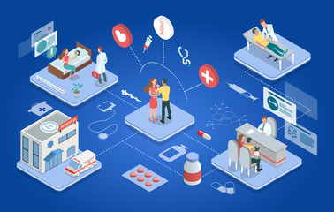 Family medicine concepr. Isometric virtual medical clinic with rooms, patients and doctors: medicine, healthcare and technology concept - Vector illustration