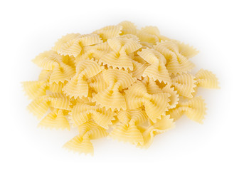 Heap of dried bow tie pasta isolated on white background with clipping path