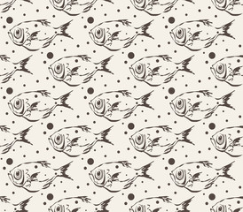 Seamless pattern with fish. Retro sketch background. Hand drawing