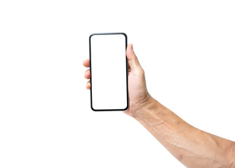 Asian man hand holding blank white screen smartphone isolated on white background. clipping path