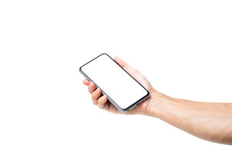 Asian man hand holding blank white screen smartphone isolated on white background. clipping path