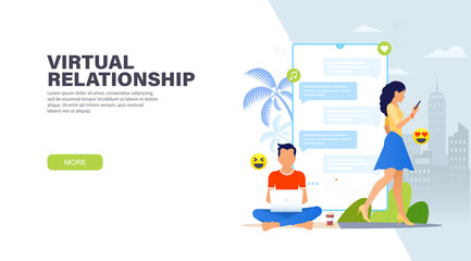 Virtual relationships. Handsome man sitting in lotus position with laptop and chatting with pretty woman with phone. Dating app and virtual relationship. Vector modern landing page.