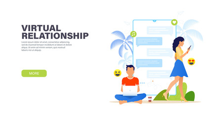 Virtual relationships. Handsome man sitting in lotus position with laptop and chatting with pretty woman with phone. Dating app and virtual relationship. Vector modern landing page.