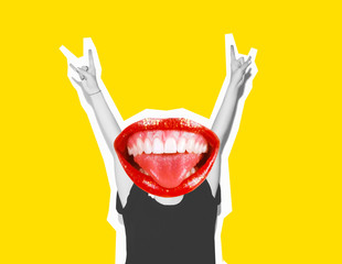 Stylish trendy collage of modern art. Screaming crazy mouth instead of head, giving a sign of rock and roll, a gesture of devil horns. Black and white tones on a yellow isolated background.