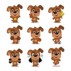 Fototapeta premium Set of puppy dog athlete in different sports and with prizes isolated on white background