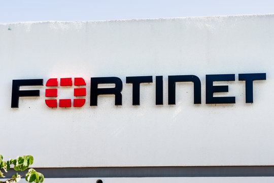 July 31, 2019 Sunnyvale / CA / USA - Fortinet logo displayed at their offices in Silicon Valley; Fortinet, Inc. is an American company that develops and markets cybersecurity software and services