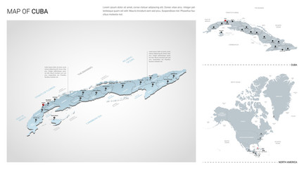 Vector set of Cuba country.  Isometric 3d map, Cuba map, North America map - with region, state names and city names.