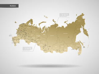 Stylized vector Russia map.  Infographic 3d gold map illustration with cities, borders, capital, administrative divisions and pointer marks, shadow; gradient background. 
