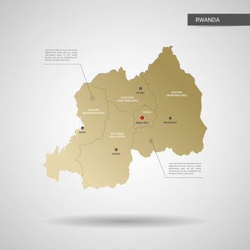 Stylized vector Rwanda map.  Infographic 3d gold map illustration with cities, borders, capital, administrative divisions and pointer marks, shadow; gradient background. 