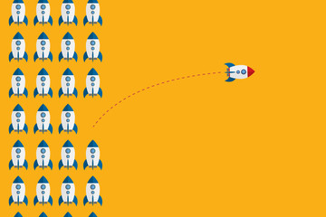 Naklejka premium Think differently concept. Be different. Red rocket changing direction. New idea, change, trend, courage, creative solution, innovation and unique way concept.