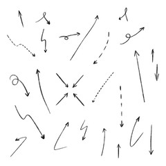 The collection of hand drawn arrows. Arrows set on the white background. Vector EPS 10.