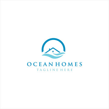 Ocean House Logo Design, Home Beach logo water Design, Real Estate Beach Logo Design resort, cottage wave Logo Icon, marine, holiday, hotel Sea Logo, vacation summer travel sea 