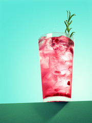 Glass of pomegranate spritzer cocktail with rosemary