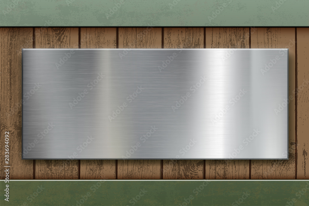 Wall mural Polished blank metal plate on wooden textured panels