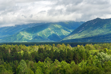 Sunbeams Shine through Heavy Clouds Flowing Low over the Forested Mountain Ridge and a Highland Valley on a Summer Afternoon. Altai Mountains, Kazakhstan.